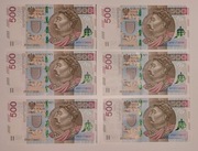 Banknoty 500 pln z numerami po kolei 6szt. Stan idealny.
