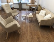 Sofa skandynawska beżowa fotel uszak beżowy sofa