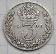 0411 Wielka Brytania 3 pensy 1908 srebro 