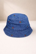 Bucket hat jeansowy damski modny kapelusz z haftem wisienek | HIT