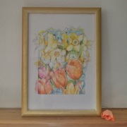 Wiosna w ogrodzie- Narcyzy- Tulipany-  akwarela 