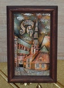 Obraz ceramiczny, pamiątka z Rygi, oprawiony w drewnianą ramkę 