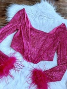 bluzka koszulka top gorset rozowy z piorami cekinami na zamek m l xl