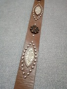 Skórzany brązowy pasek 85 cm z cyrkoniami