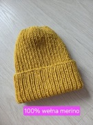 Musztardowa czapka beanie handmade merino wełna wełniana merynos żółta