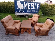 Komplet Rozkładany VEGA 2+1+1 i Ława , dąb - skóra Brąz