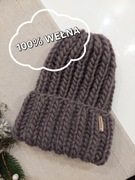 Czapka wełna rękodzieło handmade szary brąz kora