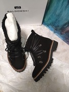 Skórzane botki baldowski 36 wkładka ok 23 cm czarne ocieplane futerkiem 