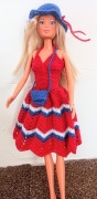 Urocza sukienka dla barbie ręcznie robiona komplet kapelusz, torebka 