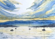 Akwarela zachód słońca z łodziami. Original Akwarela A4