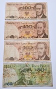 100zł 50zł 1988r  + 100zł 100zł 1979r + dwie monety i dwa żetony PRL