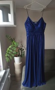 Sukienka koktajlowa, długa, granatowa, błyszcząca, r. 42