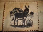 obrazek wypalony w drewnie, osiołek, Fajne na prezent