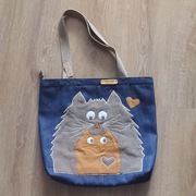 DWA KOTY-nowa torebka torba zakupowa na zamek z dżinsu-rękodzieło hand made