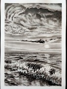 Rysunek pejzaż morski czarno biały