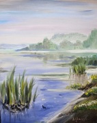 Szuwary na Wisłoku, olej, 28x35 cm , pejzaż,  Skoczyk, 2025