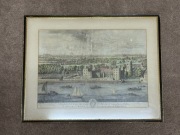 Oryginalna rycina 1697 Panorama Londynu, Lambeth Palace, ręcznie kolorowana