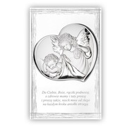 Obrazek Srebrny Anioł Stróż na drewnie z modlitwą Chrzest, Urodziny VALENTI