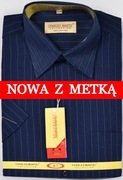 Koszula męska granatowa w paski na krótki rękaw kołnierzyk 39/40