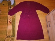 Sweter z paskiem i spódnica wełniany robiony na drutach bordowy wełna