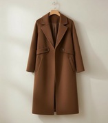 Brązowy elegancki płaszcz długi garnitur z paskiem klasyczny + GRATIS