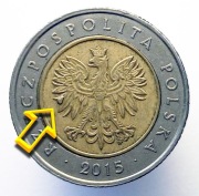 5 ZŁOTYCH 2015 MONETA [nr 156] DESTRUKT - DUŻA NADLEWKA NA ORLE