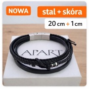 Bransoletka męska APART skóra stal 20 cm + 1 cm nowa czarna