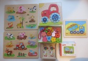 Zestaw drewniane układanki puzzle memory nawlekanka GOKI i LELIN traktor 