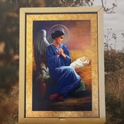 Piękny obraz 24x32 na grubiej desce Aniol Stróż dziecko chrzest Pamiątka 