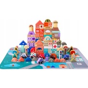 Klocki Miasto Drewniane Auta Zestaw + Puzzle Mata 115 Klocków Montessori