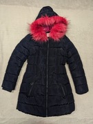 Granatowa różowa długa kurtka zimowa z kapturem futerkiem Happy House 152