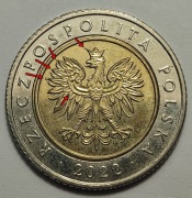 5 zł 2022, destrukt, laminacja stempla w wielu miejscach