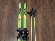 Narty dziecięce z uniwersalnymi wiązaniami i kijkami 100 cm.