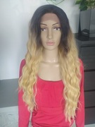 Peruka Lace Front 4x4, falowana, ombre z czarnym odrostem, monotop