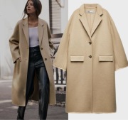 ZARA płaszcz oversize z dwuwarstwowej tkaniny z wełną camel/beż, M/L jak XL