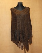 brązowe PONCZO z frędzlami poncho RĘKODZIEŁO