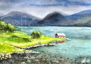 Cisza fiordu Original Akwarela A4