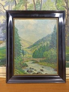 Obraz olejny na desce, sygnowany Herbert 1933 – pejzaż górski z mostem