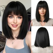 Peruka oufei czarna bob 100% japońskie włókno kanekalon jak ludzkie włosy 