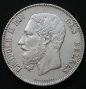 Belgia 5 franków 1870 - król Leopold II Koburg Gotha - srebro