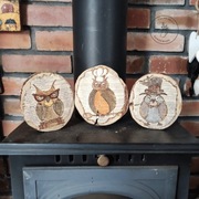 Obrazki "Sowy" na plastrach drewna - zestaw 3 szt.
