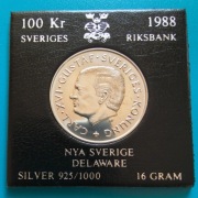 100 koron 1988 Szwecja Kolonia w Delaware    Ag 0,925 waga 16 g