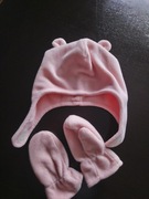 Czapka uszka rękawiczki polarowe H&M 12-18 róż BDB