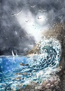 Mewy i burza. Original Akwarela A4