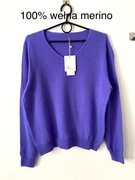 Fioletowy sweter dekolt w serek vneck nowy 100% wełna merino