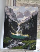 Pejzaż górski z jeziorem – ręcznie malowany obraz na płótnie (40x50 cm)