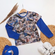 Bluzka 128 długi rękaw print nadruk zwierzęcy niebieska żubry kozice barany