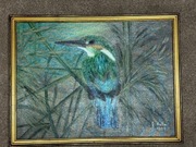 Obraz olejny J. Rata 1992 – Zimorodek na trzcinach, ręcznie malowany