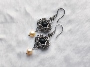 Kolczyki chainmaille PERŁA + drewno 6,6 cm boho elf stal chirurgiczna