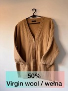 Kardigan Camel z Wełną Virgin V-Neck Oversize - Elegancki Basic Woolmark